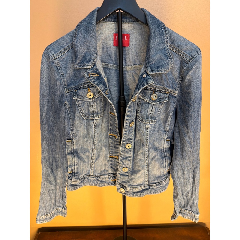Elle Womens Denim Jacket Medium Wash Blue Button Front‎ Jean Jacket Size L